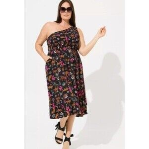 Torrid Women 3XL Midi Challis One Shoulder Dress Animal Print Plus Size stretchy